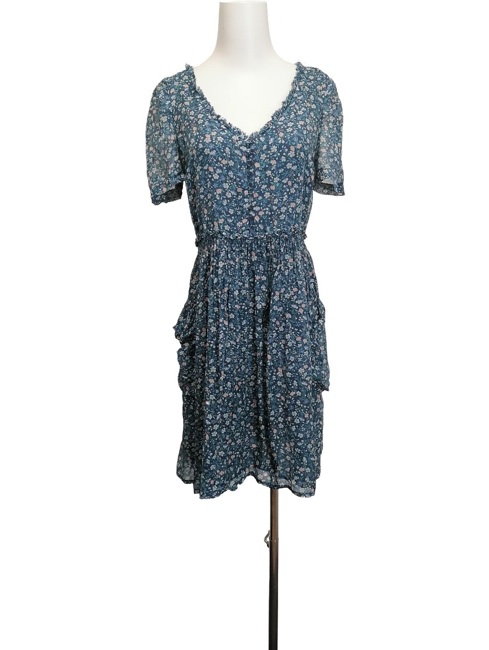 🔵 Zara Blue 100% Silk Floral Midi Dress with Smocked Neckline